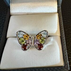 Mixed Shape Multi-gem Rhodium over Sterling Butterfly Ring. Sz7.